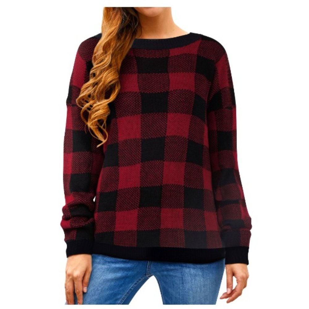 ZXZY Womens Plaid Print Long Sleeves Round Neck Checkered Pullover Sweater - Red